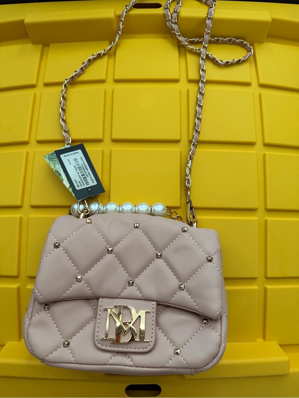 Quilted Blush Crossbody Bag with Pearl Handle